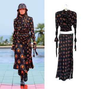 NEW Paco Rabanne Runway motif-print ruffle wrap skirt + top set